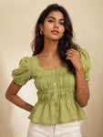 Sage Green Puff Peplum Top
